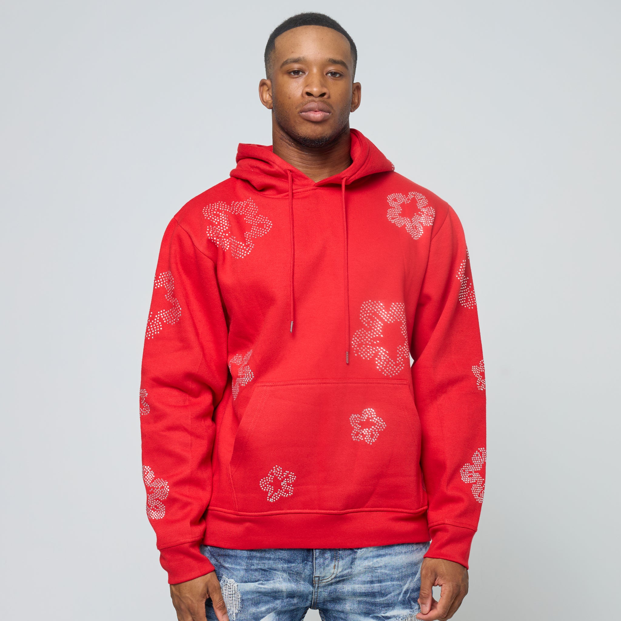 FW-10595 MENS CRYSTAL FLOWER FLEECE PULLOVER HOODY